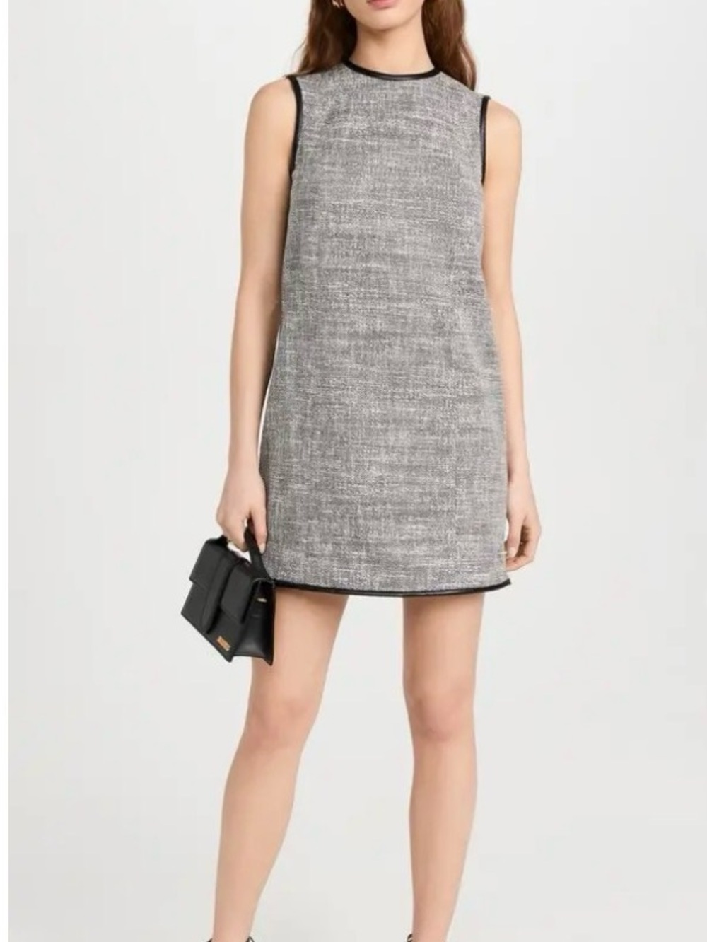 Theory Crew Dress in Tweed Canvas Mini Shift Leather Trim Gray Black 10